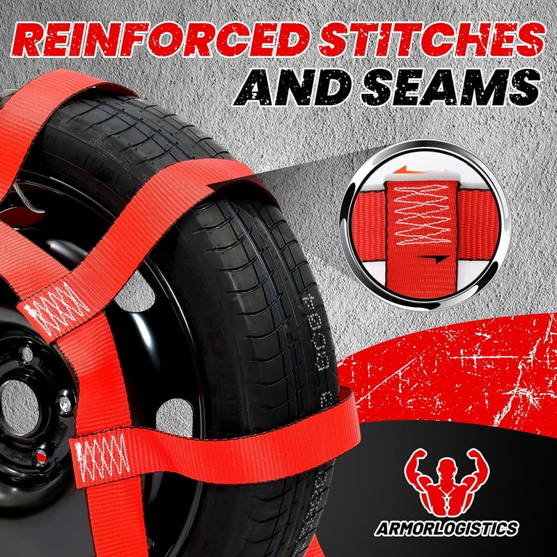 ARMORLOGISTICS Tow Dolly Basket Straps with Flat Hook, 2 Pack Tow Dolly Straps, Fits 14"-17" Tires Wheels, Breaking Strength 10000 lbs, 2" Over Wheel Car Basket Tie Down Strap with Carrying Bag, Red - Image 3